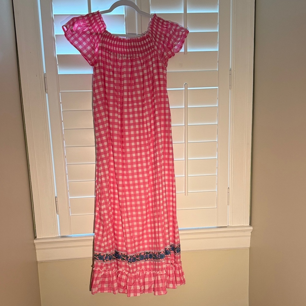 Mary Marshmallow Gingham Maxi Dress with Floral Trim